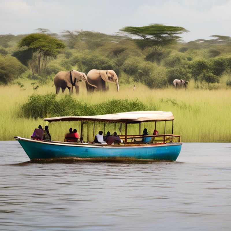 A breathtaking view of Lake Victoria, a shimmering jewel shared by Kenya, Uganda, and Tanzania, as seen from a traditional boat. Two couples, the Last-minute Travelers, soak in the vibrant hues of the African sunset, a magical moment during their 24-hour adventure.