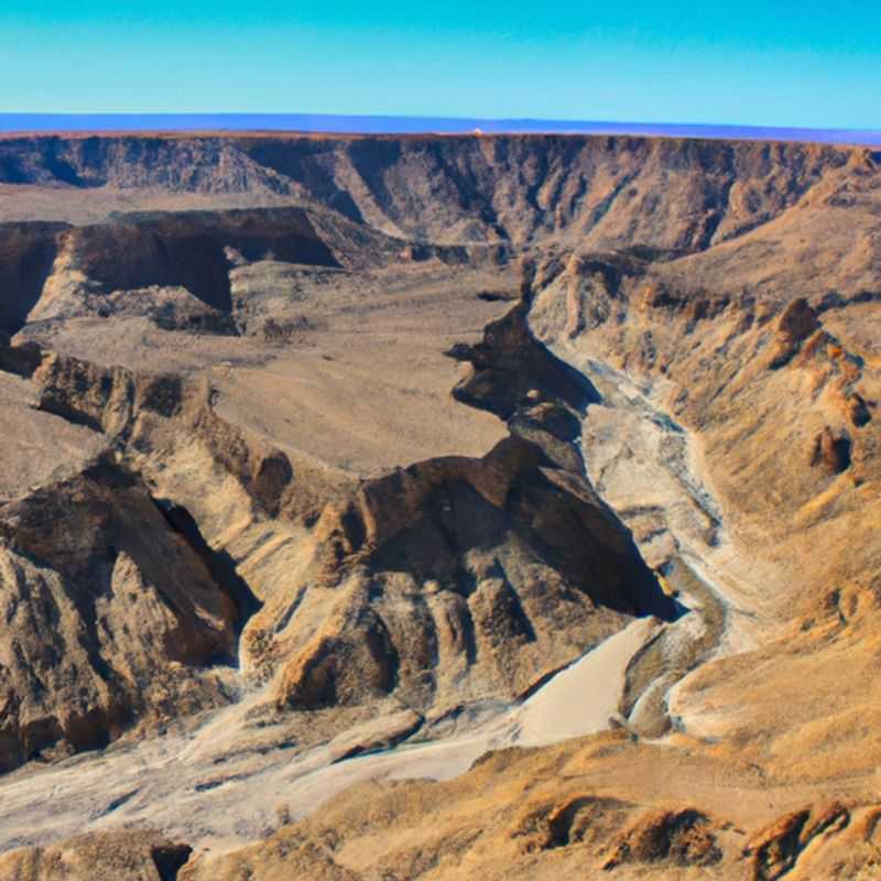 An awe-inspiring vista of Fish River Canyon, Namibia, with its rugged cliffs and meandering river, captured during a couple's 24-hour spring adventure in this breathtaking natural wonder.