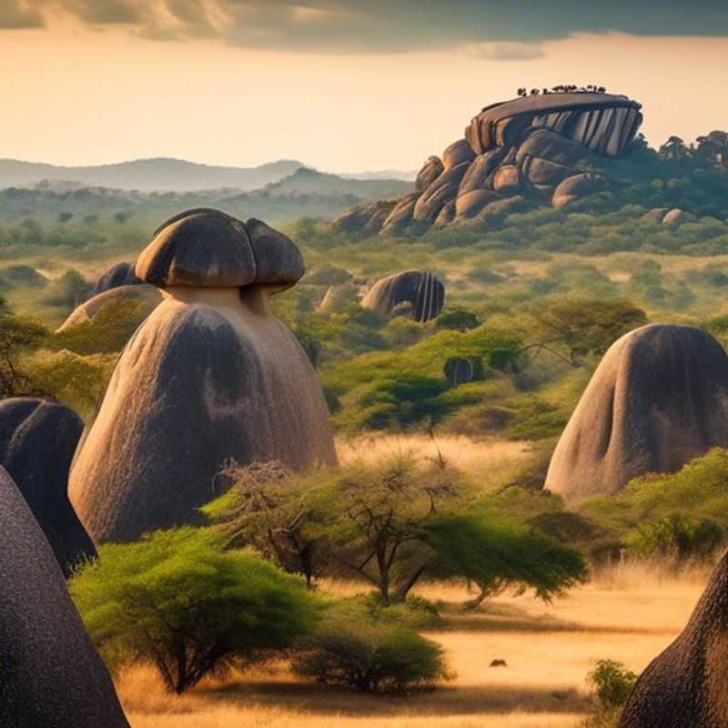 Three eco-conscious couples stand in awe before the ancient, sculpted rock formations of the Matobo Hills in Zimbabwe, immersing themselves in the serene, untamed beauty of this natural wonder during their springtime adventure.