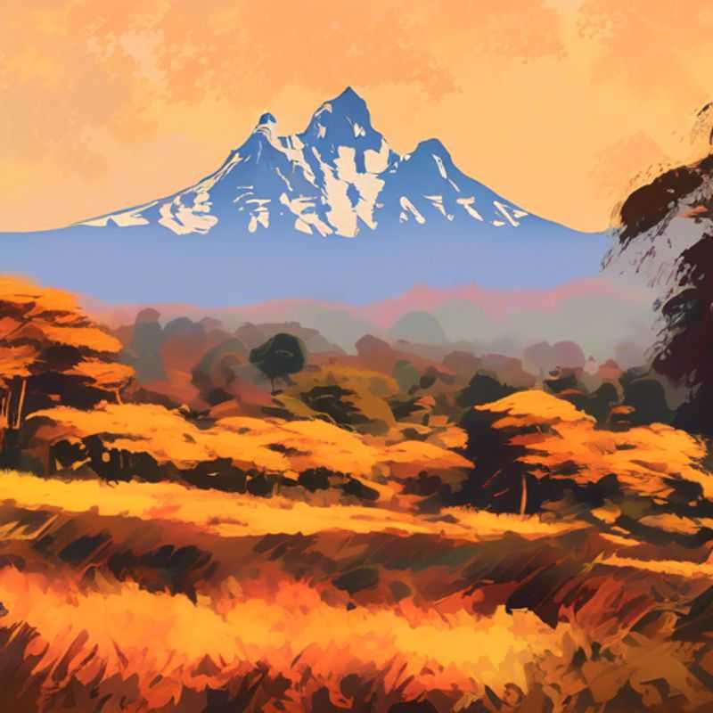 Majestic Mount Kenya, a breathtaking volcanic landscape showcasing its snow-capped peaks and lush lower slopes.