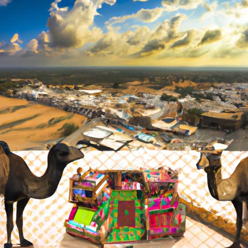 A bustling scene of vibrant colors and exotic charm at the Guelmim Camel Market in Morocco, where a family with curious children embarks on a 5-day adventure between summer and fall, ready to immerse themselves in the captivating sights, sounds, and experiences of this enchanting land.