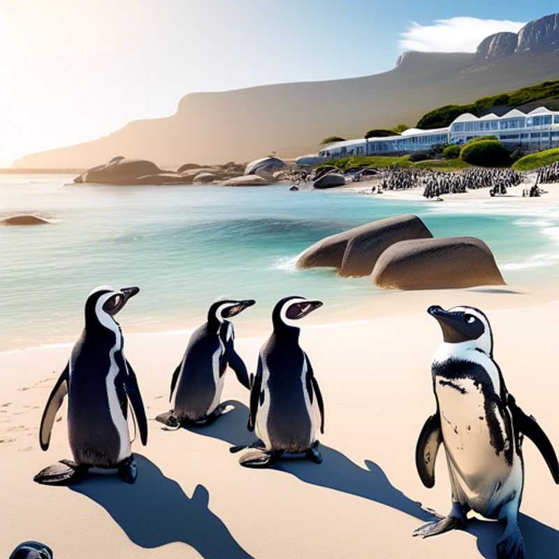 A solitary traveler soaking in the vibrant summer sun, mesmerized by the majestic presence of a playful African penguin colony on the shores of Simon's Town, South Africa.