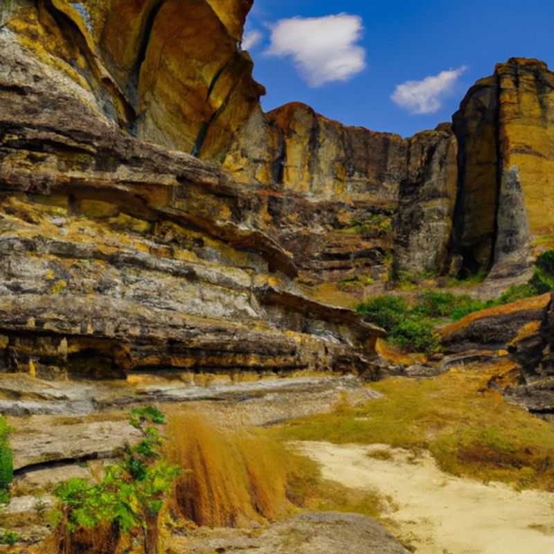 Six adventurers traversing the captivating Isalo National Park in Madagascar during winter, surrounded by towering sandstone formations and lush vegetation, embarking on a 5-day expedition to uncover the park's hidden wonders and encounter its diverse wildlife.