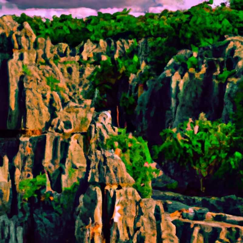 A group of six adventurers marvel at the awe-inspiring Tsingy de Bemaraha National Park, a UNESCO World Heritage Site, during their week-long expedition in Madagascar, where towering limestone formations and subterranean caves create a surreal and breathtaking landscape.