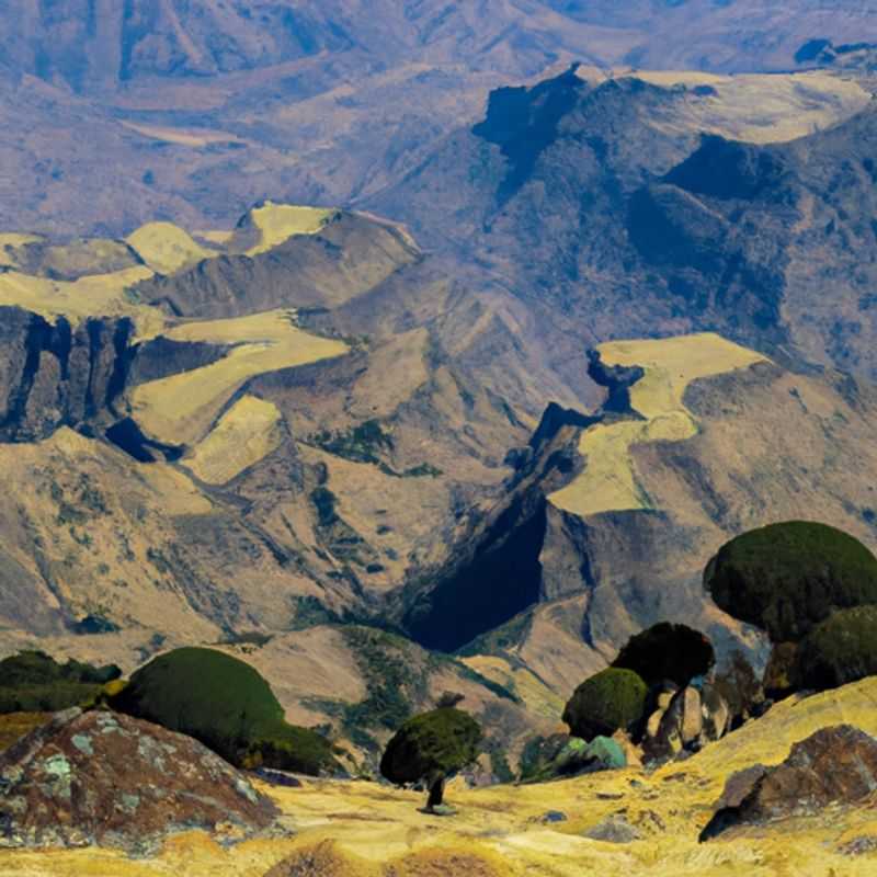 A couple gazes out at the breathtaking panorama of Simien Mountains National Park, Ethiopia, a UNESCO World Heritage Site renowned for its stunning landscapes and unique wildlife, during their three-week autumn adventure.