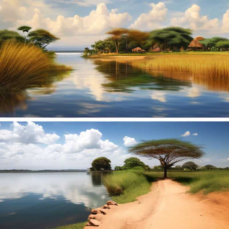 A breathtaking view of Lake Victoria, a shimmering jewel shared by Kenya, Uganda, and Tanzania, as seen from a traditional boat. Two couples, the Last-minute Travelers, soak in the vibrant hues of the African sunset, a magical moment during their 24-hour adventure.