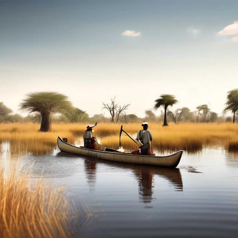 Two couples, adventurous spirits, embark on a mokoro ride through the tranquil waters of the Okavango Delta, Botswana, during the winter season. The lush landscape unfolds before them, revealing the hidden beauty of this unique African wilderness.