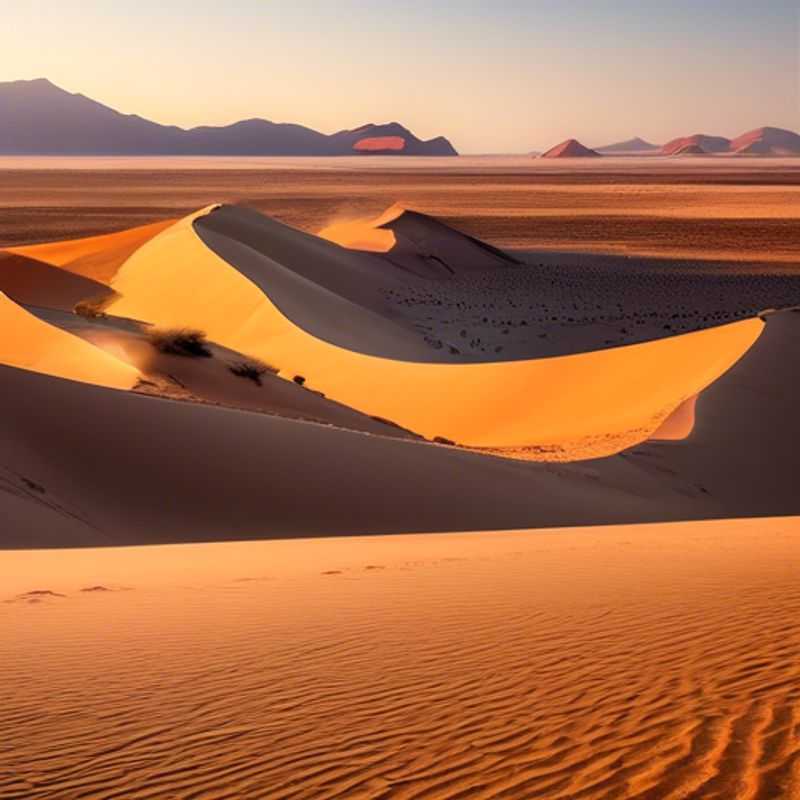 A couple, the embodiment of budget travel, stand in awe of the vast, otherworldly landscape of Namibia's Namib-Naukluft National Park. The golden hues of the desert, bathed in the warm autumn light, create a stunning backdrop for their adventure.