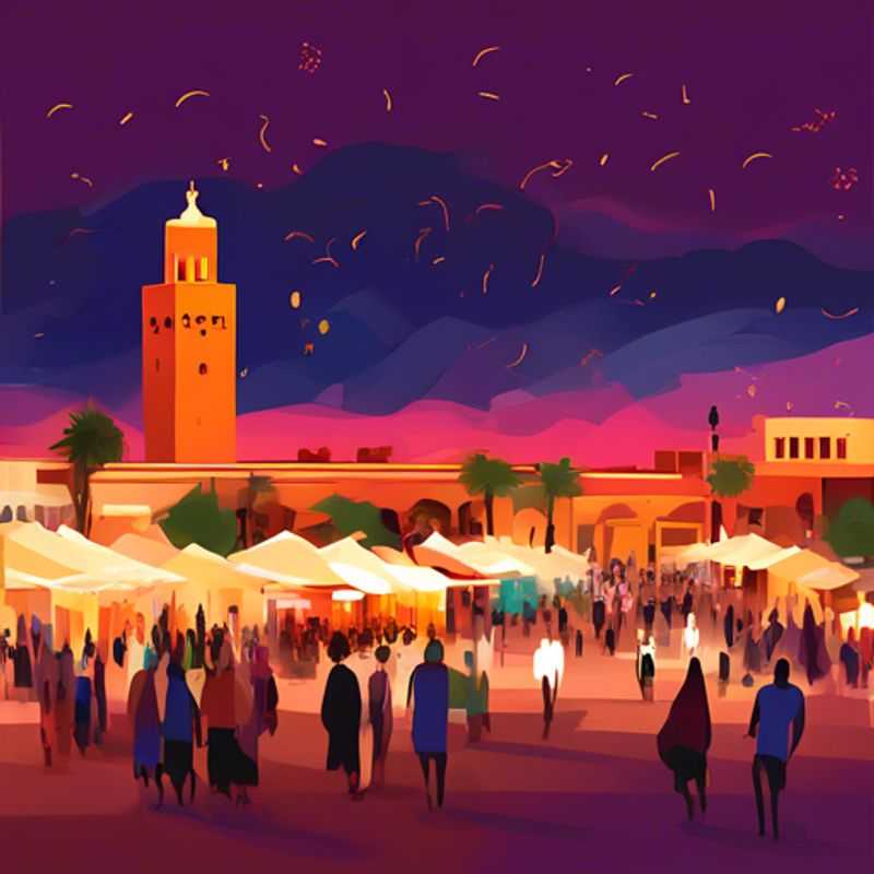 La place Djemaa el-Fna à Marrakech, un vibrant spectacle de charmeurs de serpents, conteurs, et marchands au crépuscule.