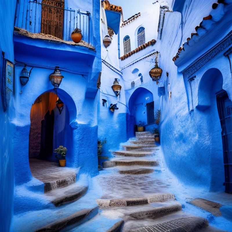 A lone traveler strolling through the charming, blue-washed alleyways of Chefchaouen, Morocco, immersing themselves in the tranquil, vibrant atmosphere of this captivating North African town during the warm summer months.