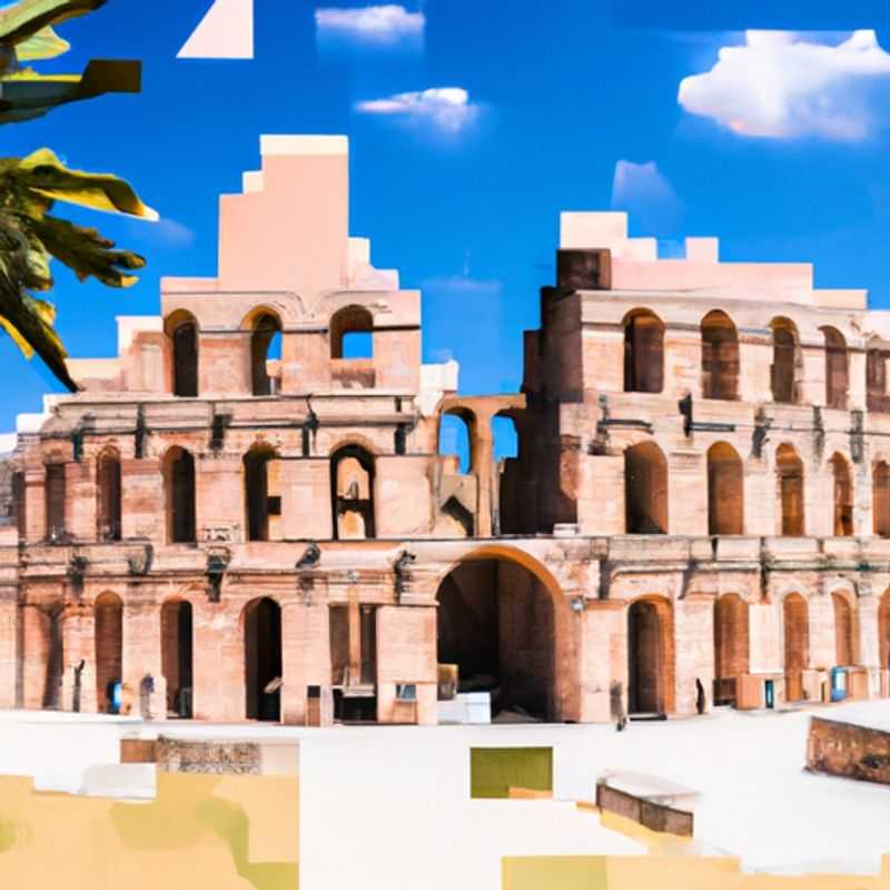 A family of adventurers stands in awe before the colossal El Djem Amphitheater in Tunisia, a testament to the grandeur of ancient Roman architecture, during their 24-hour summer-to-fall sojourn.