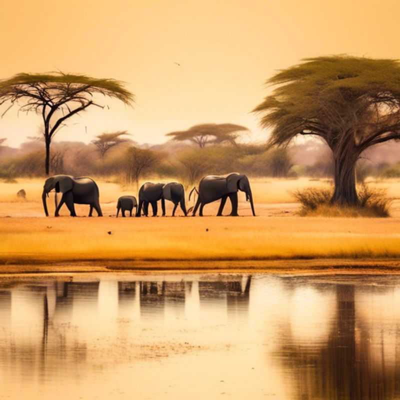 Majestic elephants roaming the lush, verdant landscapes of Chobe National Park, Botswana, as three business-savvy couples embark on a captivating adventure during the transition between winter and spring, immersed in the park's breathtaking natural wonders.