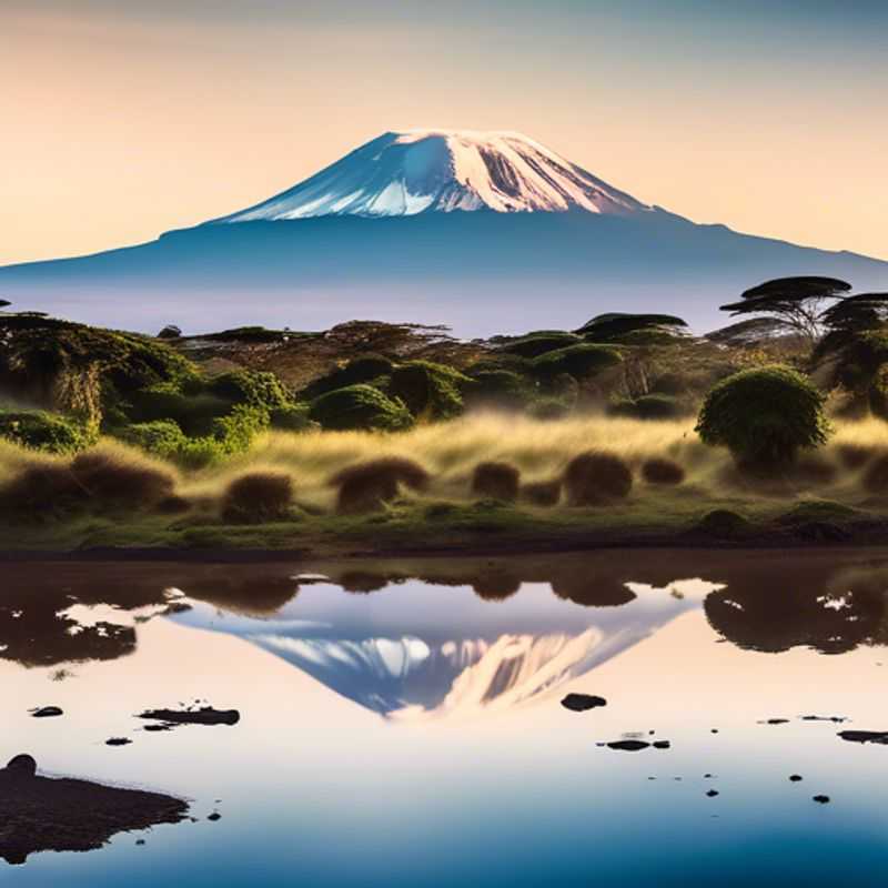 Le majestueux mont Kilimandjaro, point culminant de l'Afrique, se dressant fièrement sous un ciel azur.