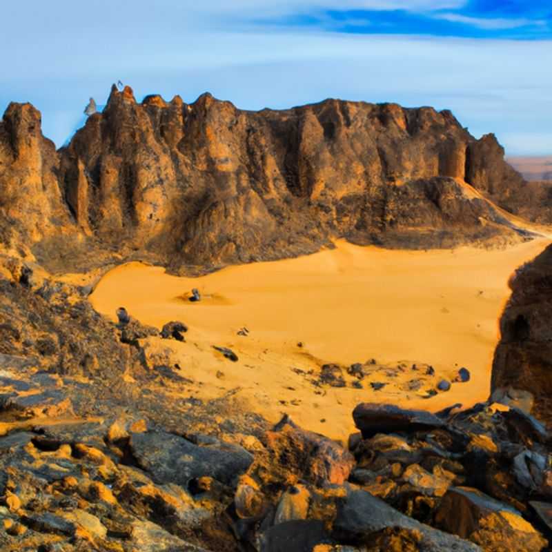 A lone traveler stands amidst the awe-inspiring sandstone formations of Tassili n'Ajjer, Algeria, during the transitional season between winter and spring, when the desert awakens from its slumber and nature's canvas bursts into vibrant hues.