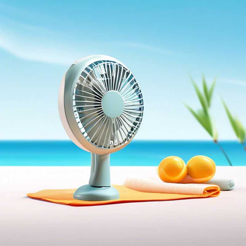 Close-up shot of a portable fan and a cooling towel, essential gear for staying cool in hot climates.
