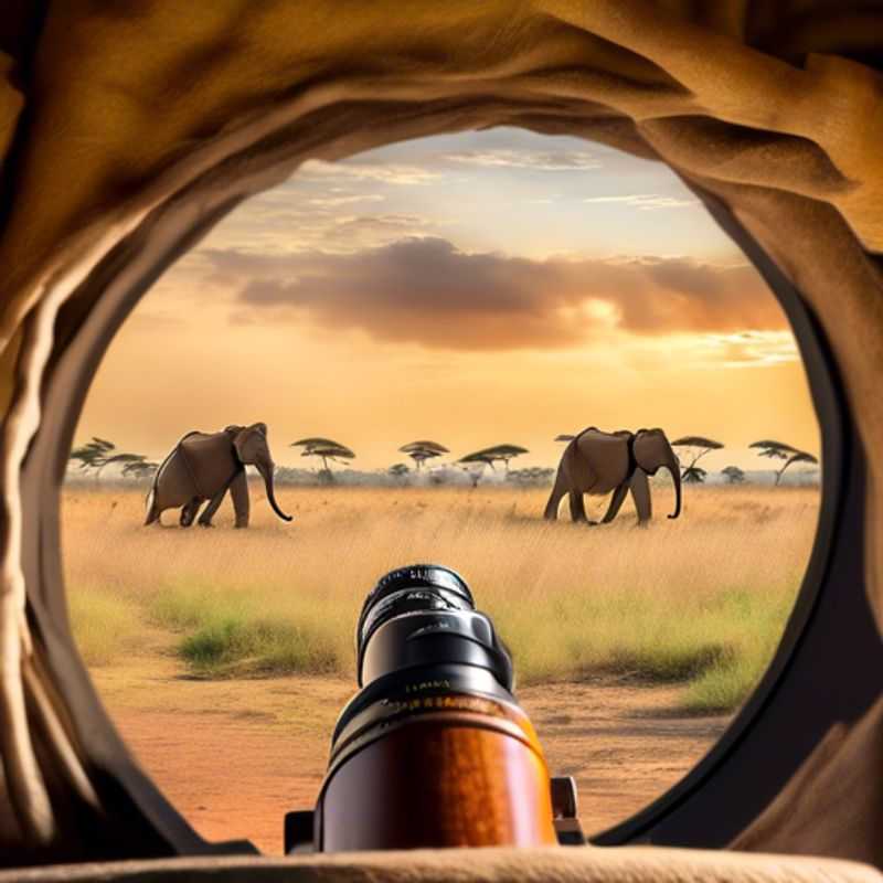 A pair of professional binoculars, essential for wildlife viewing on a safari, showcasing their robust design and powerful lenses.