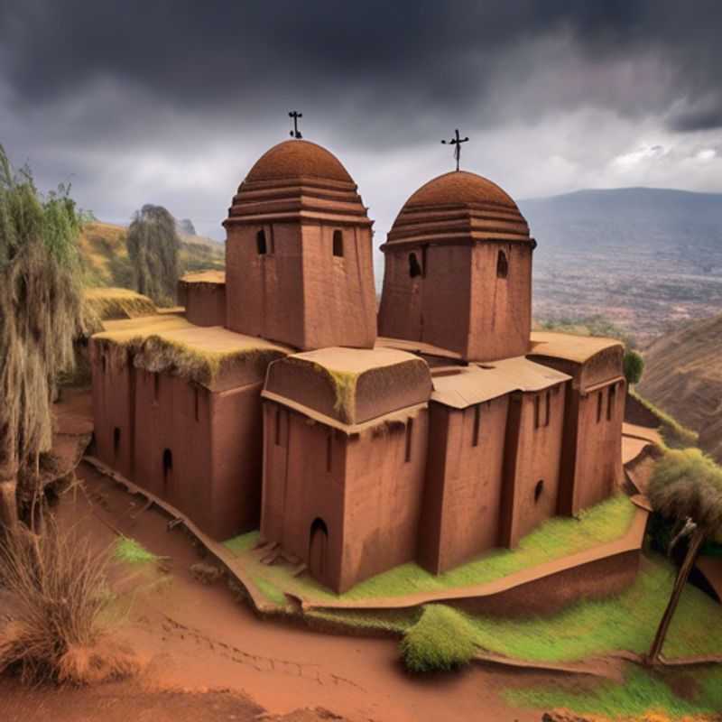 A family of adventurers stand in awe before the ancient Lalibela Rock-Hewn Churches, Ethiopia, bathed in the golden light of a winter sun. The children, wide-eyed with wonder, are captivated by the intricate carvings and the timeless history of these architectural marvels.