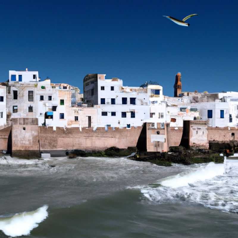 Four intrepid travelers embarking on a 2-week adventure in Essaouira, Morocco, during the transitional period between winter and spring, where the vibrant colors of the city and the Atlantic Ocean's rhythmic waves create a captivating tapestry of nature's beauty.