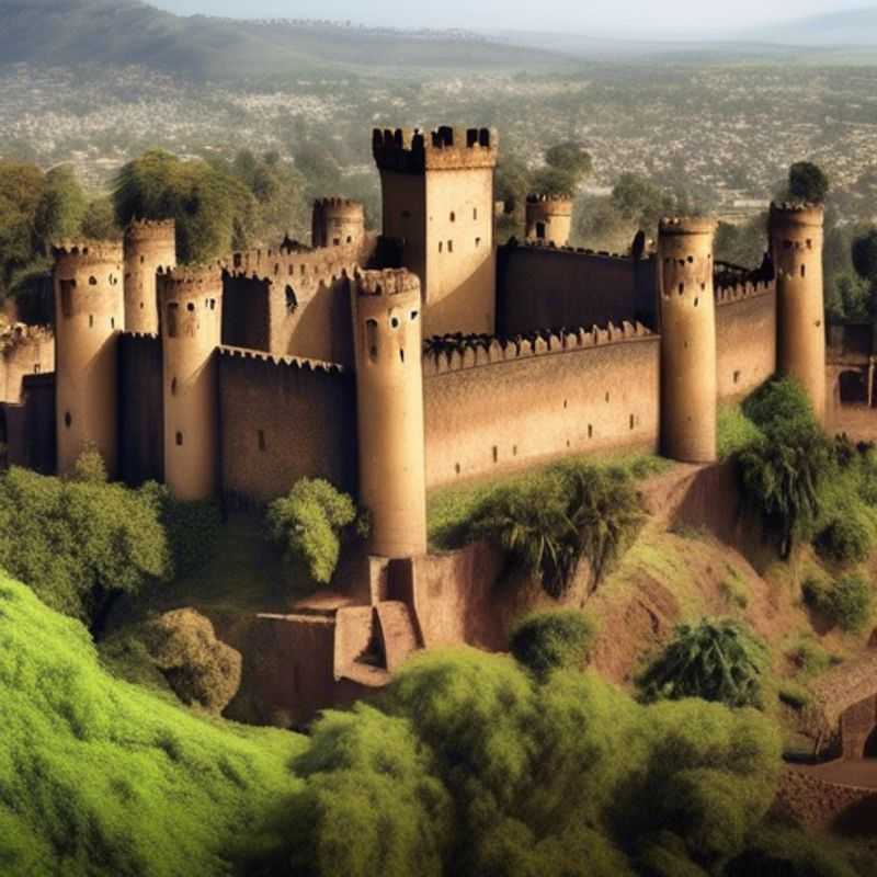 The majestic Gondar Castles, a stunning architectural marvel from the 17th century, stand tall against the lush, verdant backdrop of Ethiopia's spring landscape, enchanting the senses of the two couples, The Romantic Travelers, as they explore the rich history and captivating beauty of this remarkable destination.