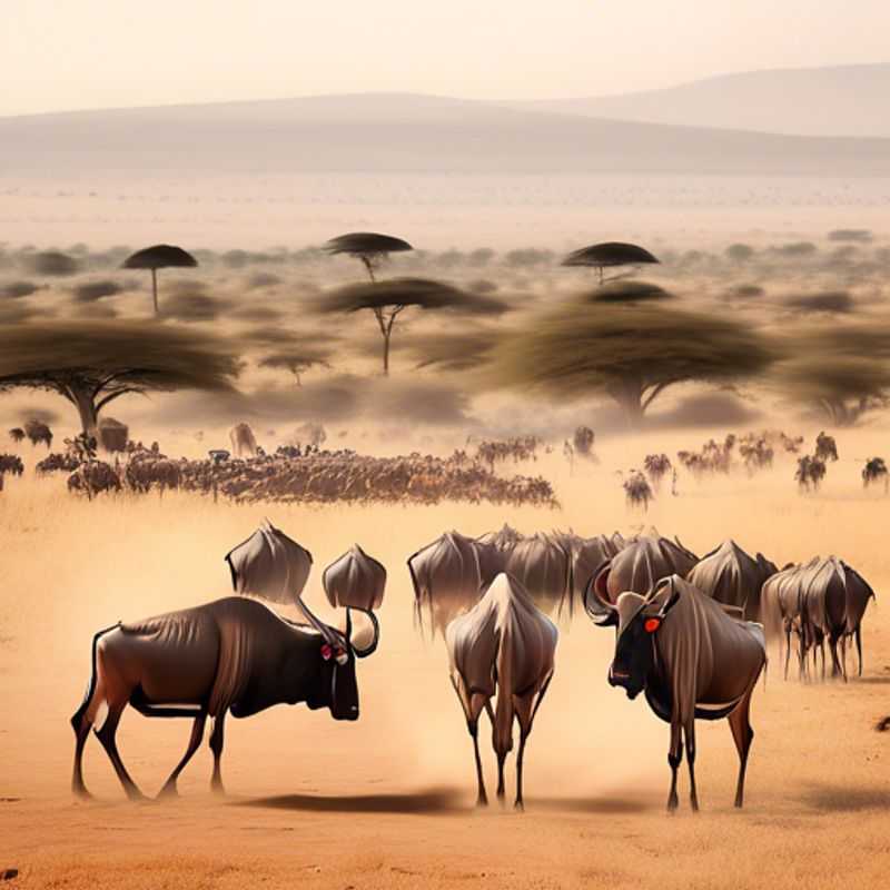 Un coucher de soleil romantique au-dessus de la savane pendant la migration des gnous au Kenya et en Tanzanie