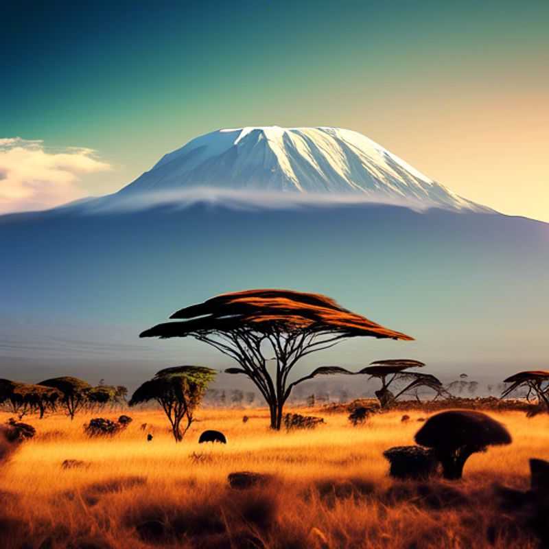 Le majestueux Mont Kilimandjaro, point culminant de la Tanzanie, se dressant fièrement au-dessus des paysages africains.