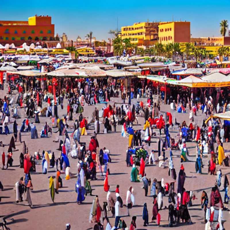 La place Djemaa el-Fna à Marrakech, animée et colorée, illustrant l'importance des conseils de sécurité pour les visiteurs.
