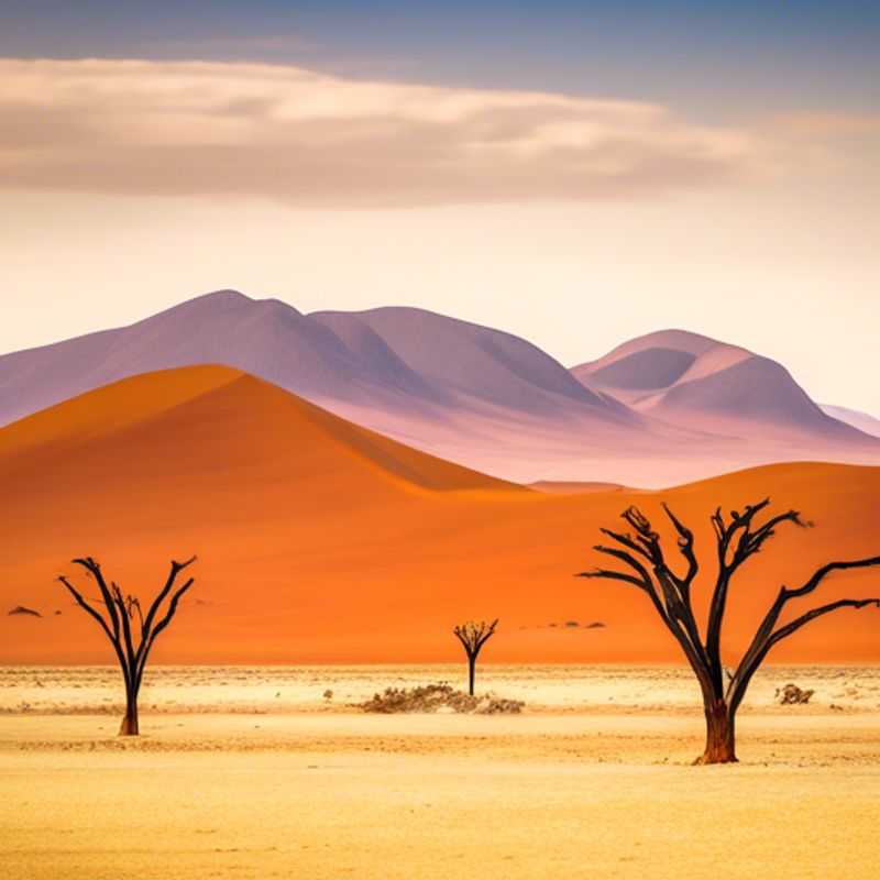 A couple, the embodiment of budget travel, stand in awe of the vast, otherworldly landscape of Namibia's Namib-Naukluft National Park. The golden hues of the desert, bathed in the warm autumn light, create a stunning backdrop for their adventure.