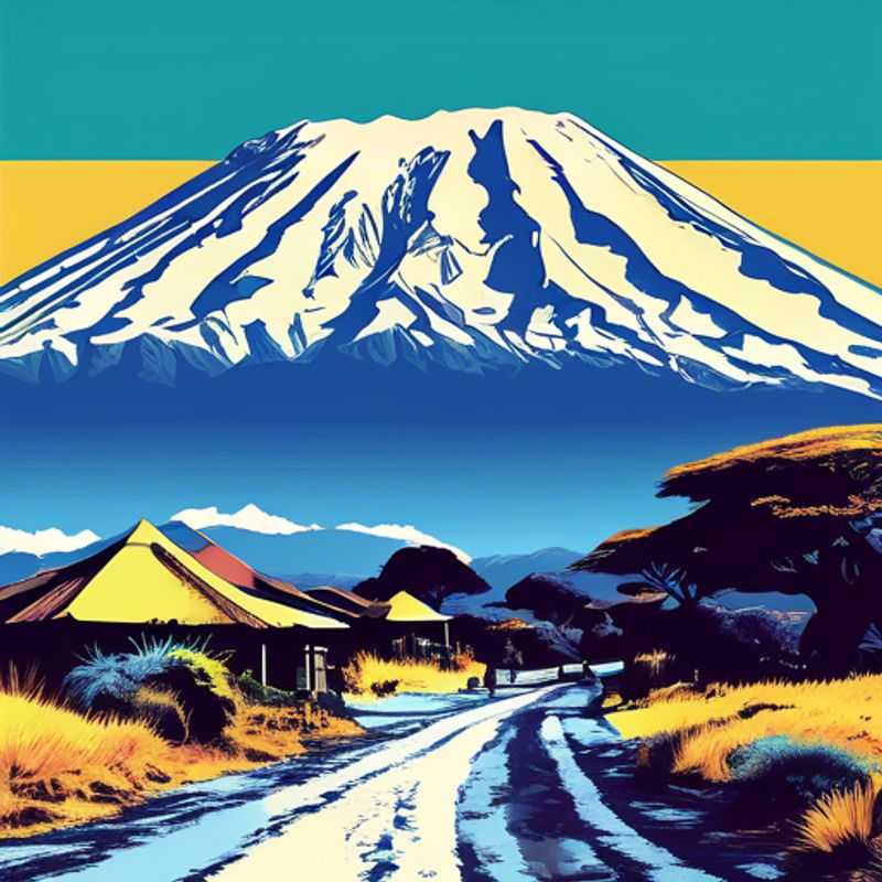 Le majestueux Mont Kilimandjaro, la plus haute montagne d'Afrique, se dressant fièrement sous un ciel Tanzanien.