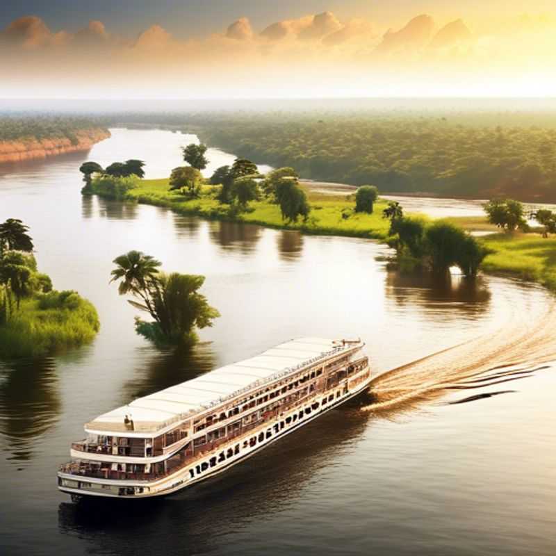 A serene view of the Nile River in Uganda/Sudan, where a couple embraces wellness amidst the breathtaking natural beauty of lush green banks and the sparkling water, enjoying a rejuvenating spring escape.