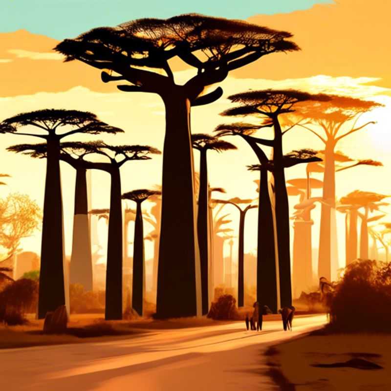 Imponente avenida de baobabs en Madagascar al atardecer.