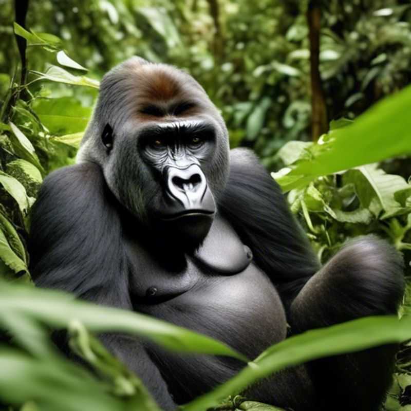 A solitary traveler stands amidst the lush greenery of Bwindi Impenetrable Forest in Uganda, seeking adventure and tranquility amidst the vibrant tapestry of nature. The air hums with the sounds of the forest as the sun filters through the canopy, casting a magical glow on this breathtaking landscape.