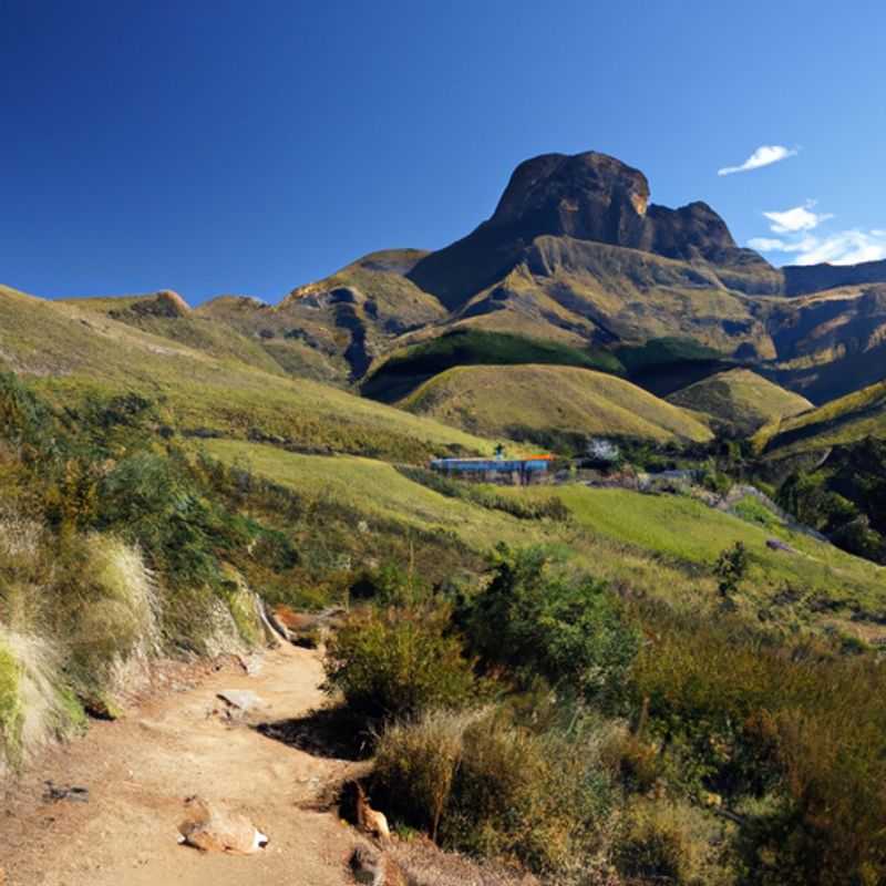 Six intrepid travelers embarking on an adventurous 2-week trek through the breathtaking Cathedral Peak region of South Africa during autumn's vibrant embrace, surrounded by towering sandstone cliffs, cascading waterfalls, and an abundance of wildlife.