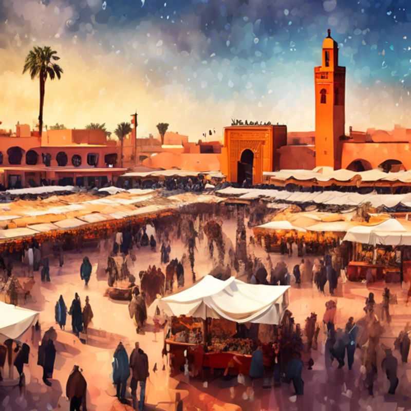 La place Djemaa el-Fna à Marrakech, un vibrant spectacle de charme et de chaos, grouillant de charmeurs de serpents, de conteurs et de vendeurs de rue au crépuscule.