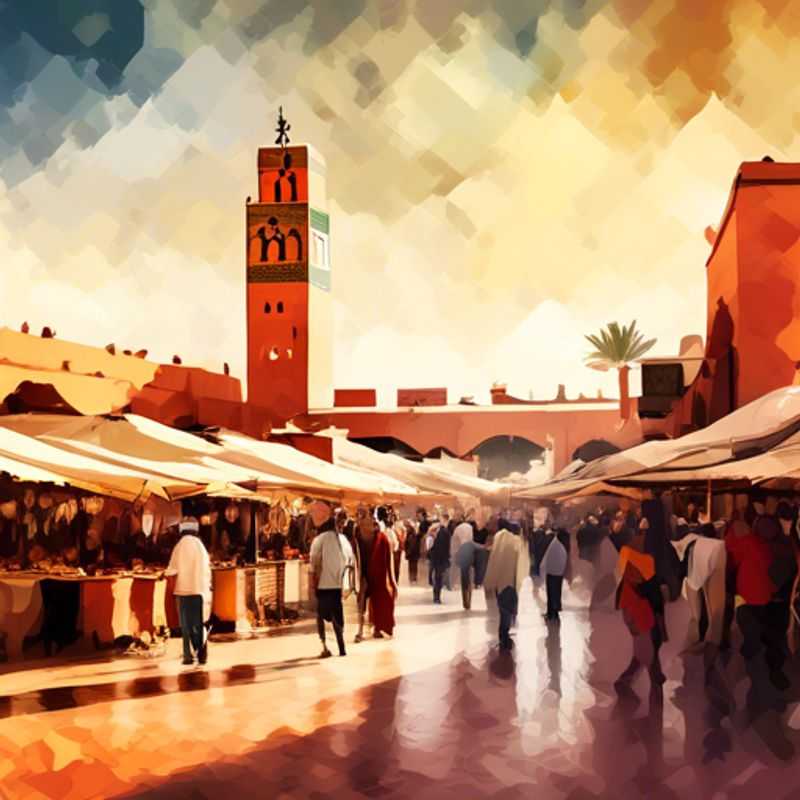 La place Djemaa el-Fna à Marrakech, un vibrant spectacle de charmeurs de serpents, conteurs, et vendeurs de nourriture, au cœur de la médina.