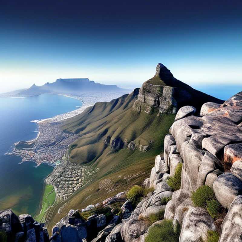 A solo traveler stands in awe at the majestic Table Mountain in South Africa, the flat-topped peak casting a long shadow across the rugged landscape, during a winter adventure in the Mother City.
