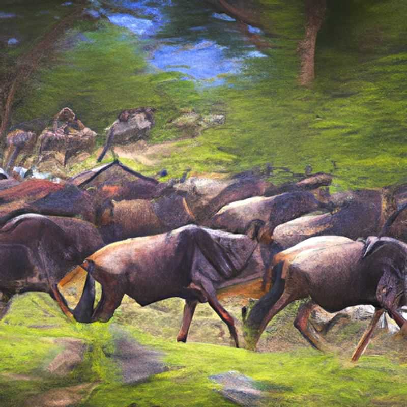 A group of six adventurers witness the breathtaking spectacle of the Wildebeest Migration in Kenya/Tanzania during their five-day spring safari. The vast plains teem with countless wildebeest and zebras, creating an awe-inspiring display of nature's grandeur.
