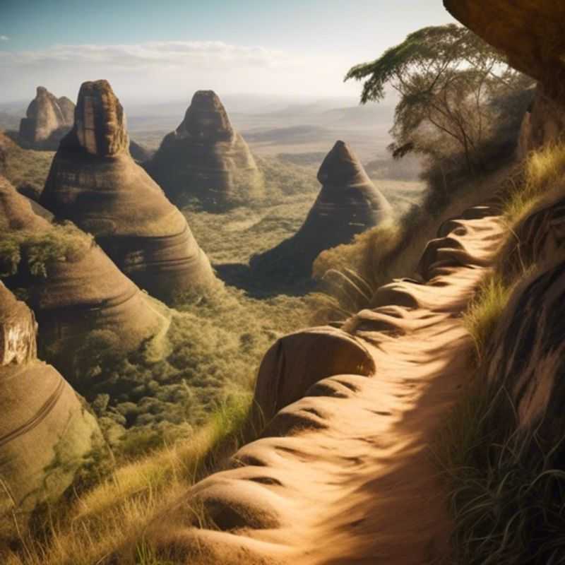 A lone explorer stands in awe before the towering sandstone formations of Isalo National Park, Madagascar, a mystical landscape that beckons the intrepid soul on a journey of discovery and adventure.