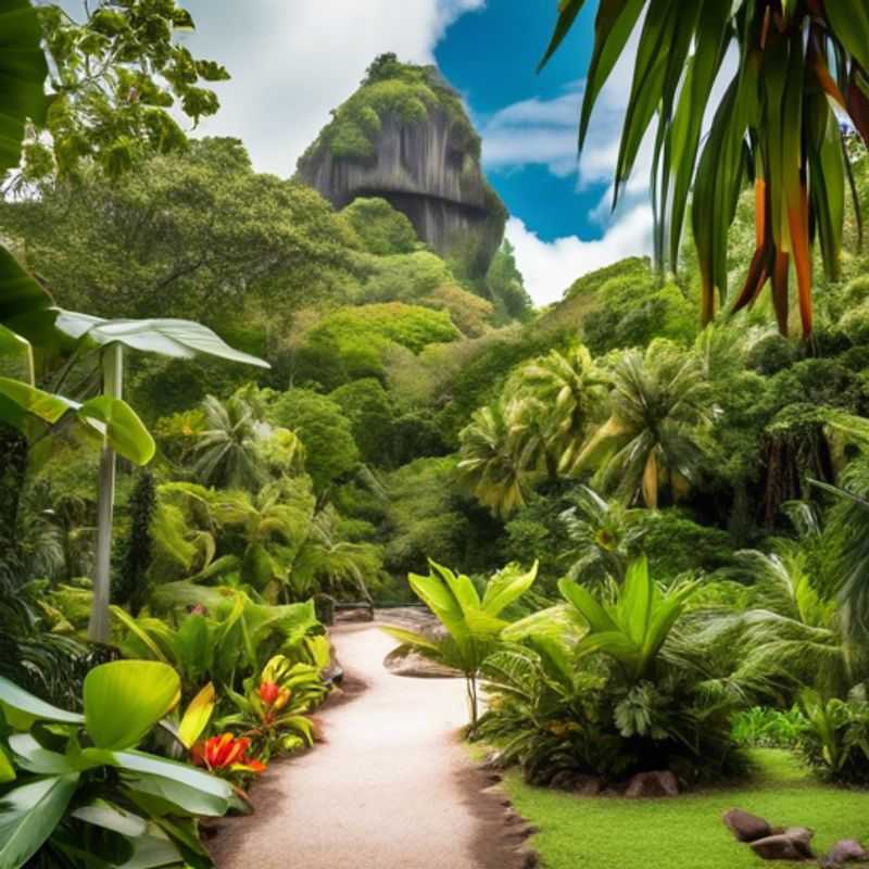 Un viajero solitario, el Foodie, explora la exuberante belleza de los Jardines Botánicos Nacionales de Seychelles, un paraíso tropical donde la naturaleza se fusiona con la gastronomía, durante su viaje de 3 semanas a las Seychelles en invierno.