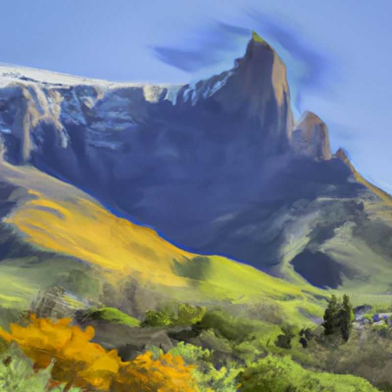 A solitary traveler stands dwarfed against the majestic Cathedral Peak, South Africa, its sheer rock faces reaching towards the heavens, during a three-week springtime adventure.