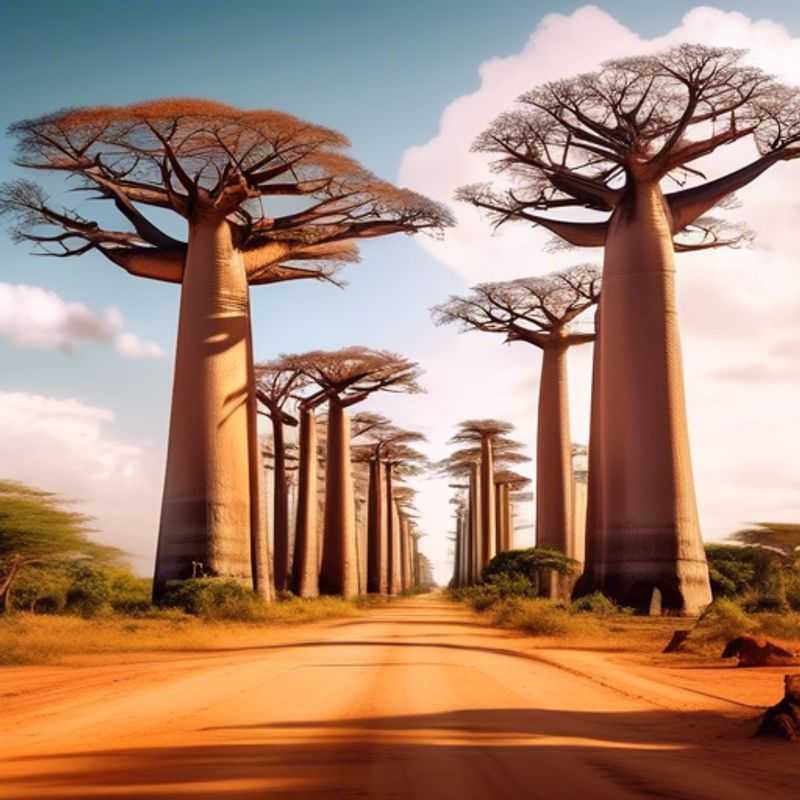 L'allée des baobabs à Madagascar, un spectacle majestueux de baobabs imposants se dressant fièrement sous le ciel.