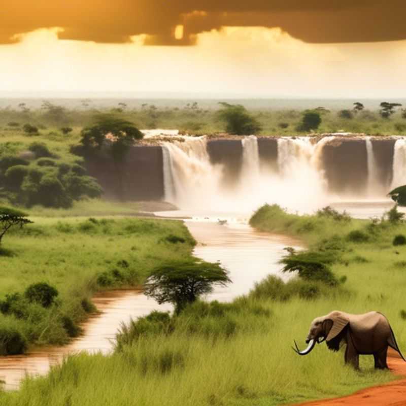 A family of adventurers, including excited children, taking in the breathtaking sight of the mighty Murchison Falls cascading over the rugged cliffs of Murchison Falls National Park, Uganda, during their spontaneous fall getaway.