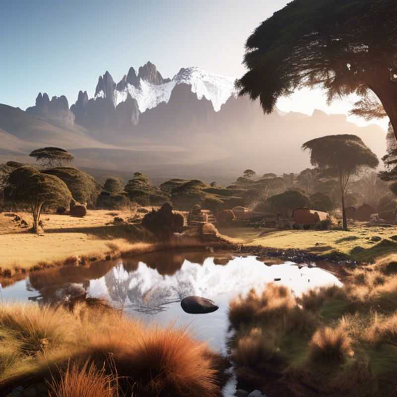 Majestic Mount Kenya, a breathtaking volcanic landscape showcasing its snow-capped peaks and lush lower slopes.