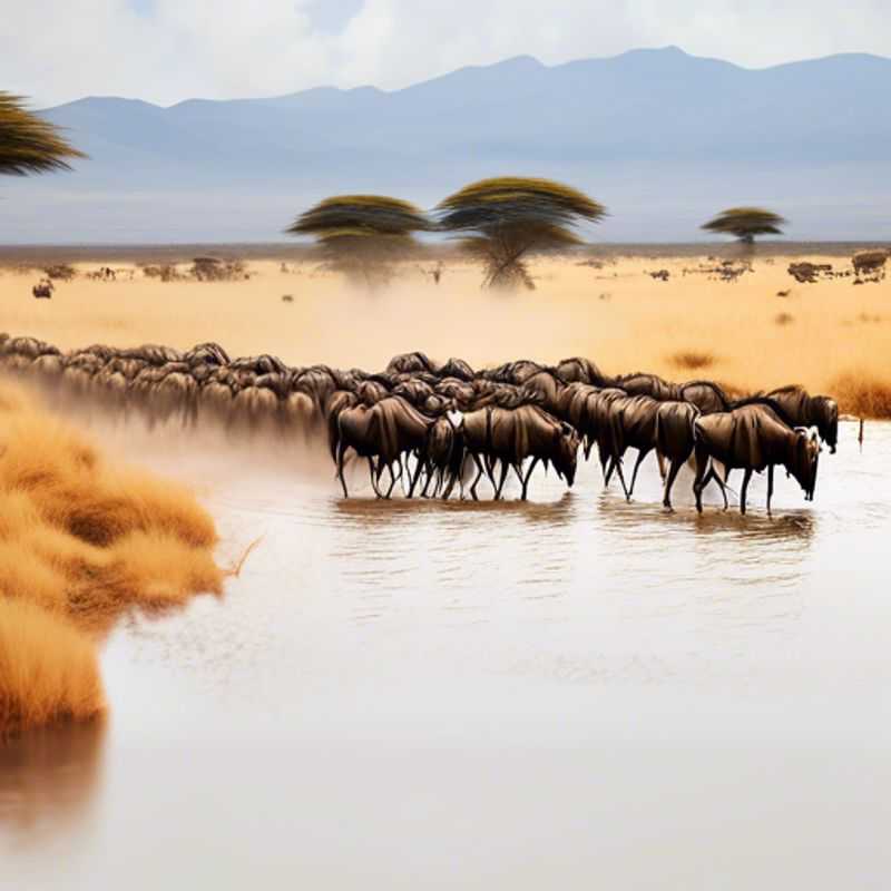 Un couple romantique admire la majestueuse migration des gnous en Tanzanie/Kenya, un spectacle fascinant de la nature lors de la transition entre l'été et l'automne.