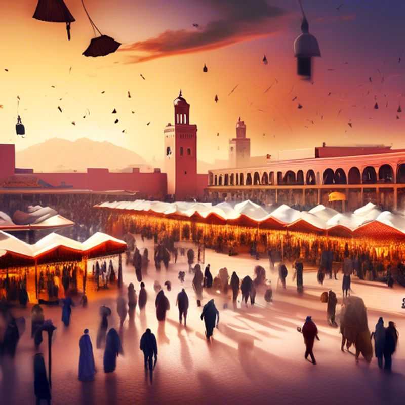 Vibrant and bustling Djemaa el-Fna square in Marrakech, Morocco, where the two couples, The Romantic Travelers, immerse themselves in the captivating sights, sounds, and aromas of this iconic Moroccan marketplace during their winter adventure.
