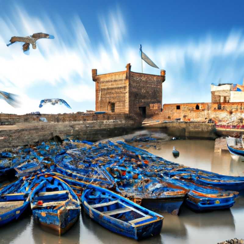 Four intrepid travelers embarking on a 2-week adventure in Essaouira, Morocco, during the transitional period between winter and spring, where the vibrant colors of the city and the Atlantic Ocean's rhythmic waves create a captivating tapestry of nature's beauty.