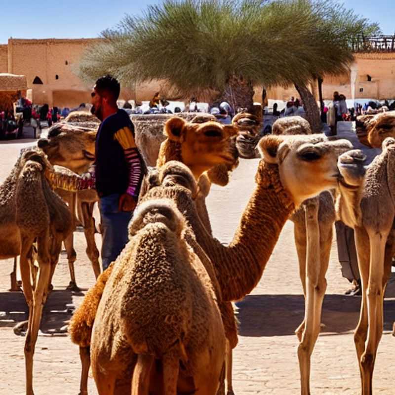 A bustling scene at the Guelmim Camel Market in Morocco, showcasing the vibrant atmosphere and diverse array of camels.