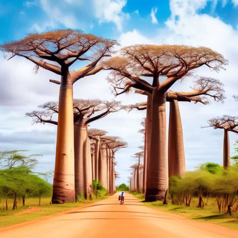 Three couples marvel at the majestic Avenue of the Baobabs in Madagascar, their silhouettes outlined against the vibrant sunset, a testament to the unique beauty of this natural wonder.