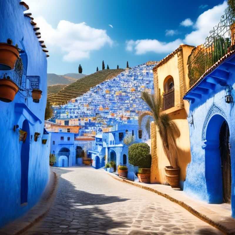Chefchaouen, Maroc : Ses maisons bleues emblématiques sous un ciel ensoleillé.