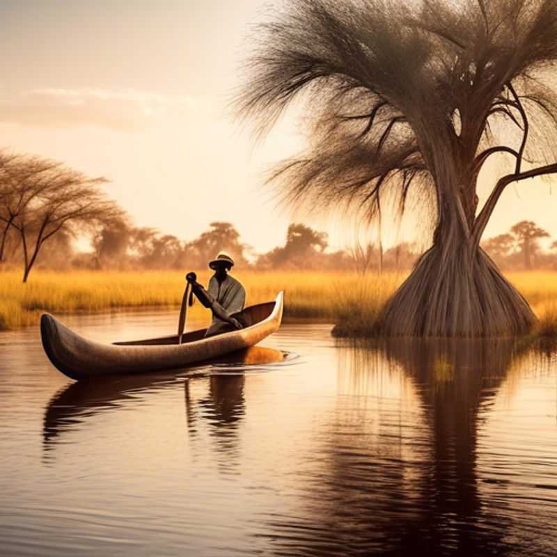 A family of wellness travelers, including young children, exploring the lush, life-giving Okavango Delta in Botswana, a natural wonder teeming with diverse wildlife and serene beauty, during the transitional season between summer and fall.