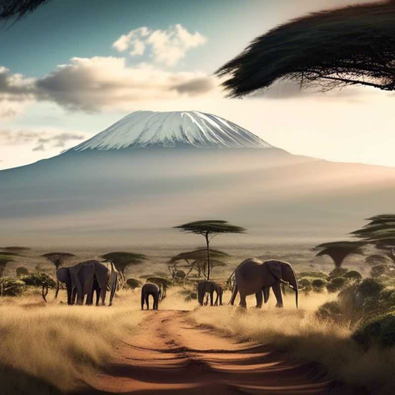 Le majestueux mont Kilimandjaro, point culminant de l'Afrique, se dressant fièrement sous un ciel azur.